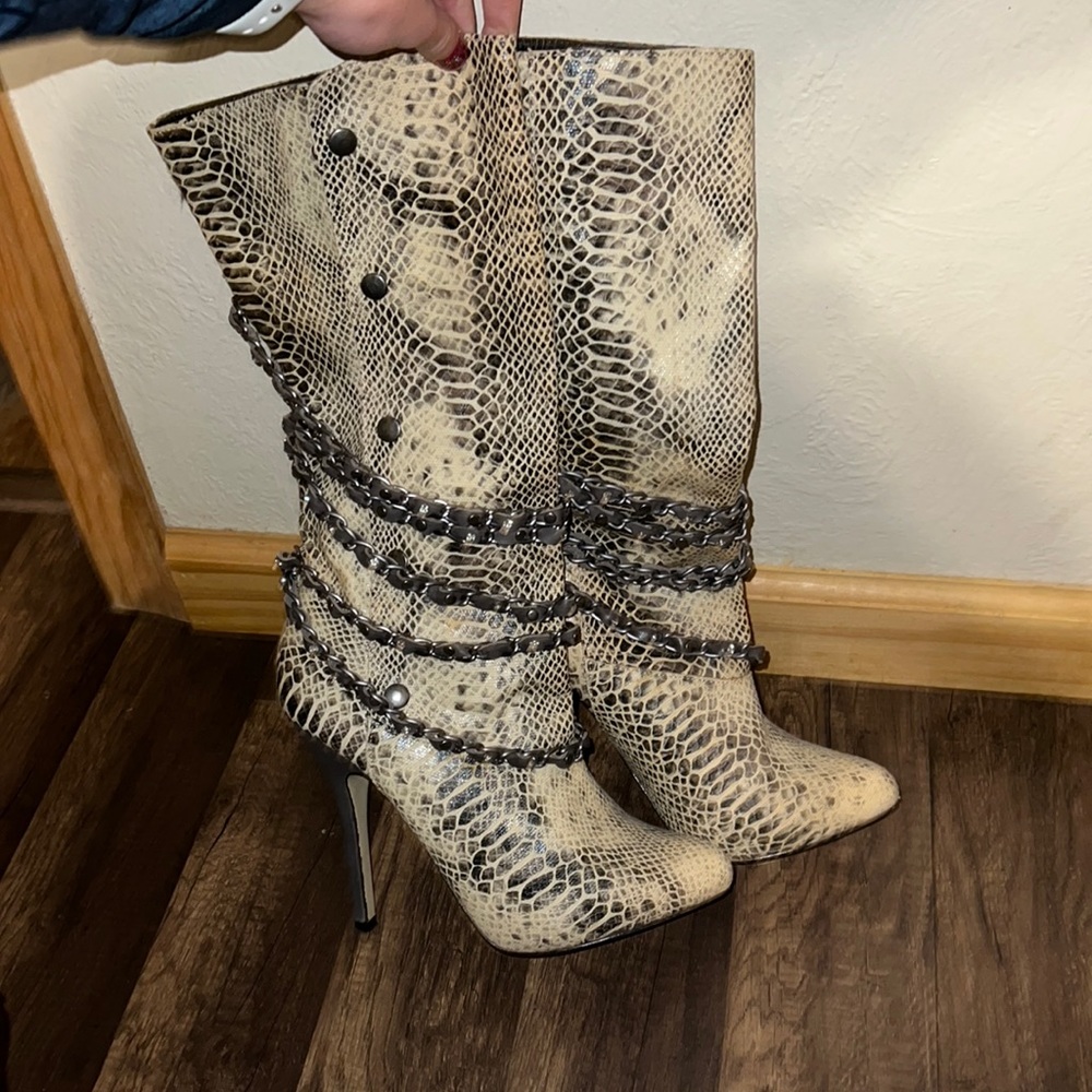 Button up snake print boot heels